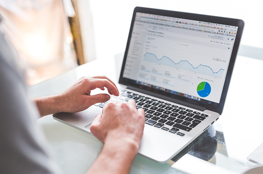 SEO professional reviewing metrics on a laptop to assess website performance